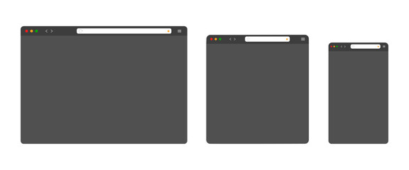 Blank web browser window design in dark mode isolated on white background. Browser mockup for computer, tablet and smartphone. Dark mode UI.