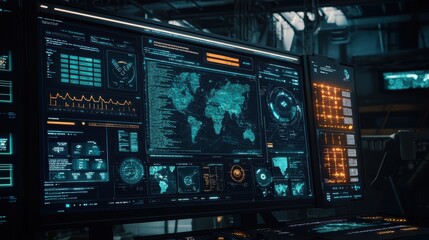 Obraz premium Futuristic Control Room Displaying Global Data Analytics with Dynamic Charts and High-Tech User Interface Elements for Advanced Monitoring and Analysis