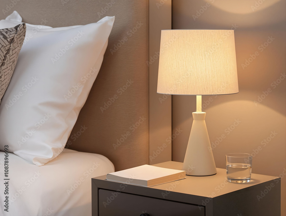 Aufkleber minimalist table lamp with a fabric shade, placed on a bedside table with a book, a glass of water, 