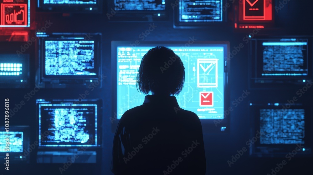 Poster abstract representation of a person interacting with multiple glowing computer screens, immersed in 
