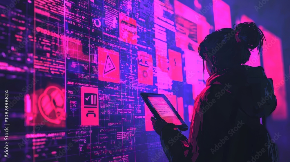 Poster futuristic woman analyzing data insights on a tablet in a neon cyber environment filled with digital