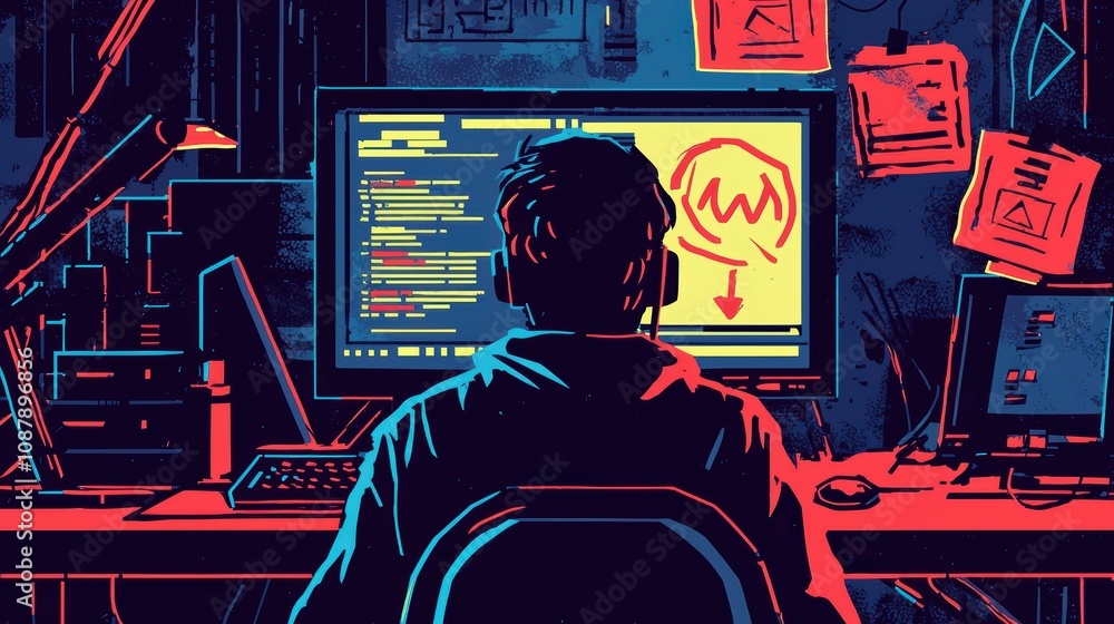Poster a programmer analyzing code on a computer screen in a dark room with neon colors and creative visual