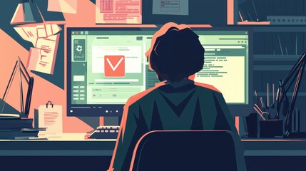 Young Professional Working Late at Night on Computer, Engaged in Digital Tasks with Focused Expression in Cozy Home Office Setting