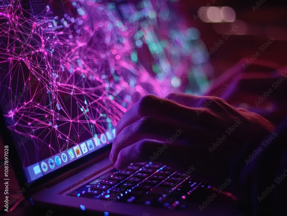 Poster futuristic laptop with abstract digital network visualization in neon colors, showcasing technology 