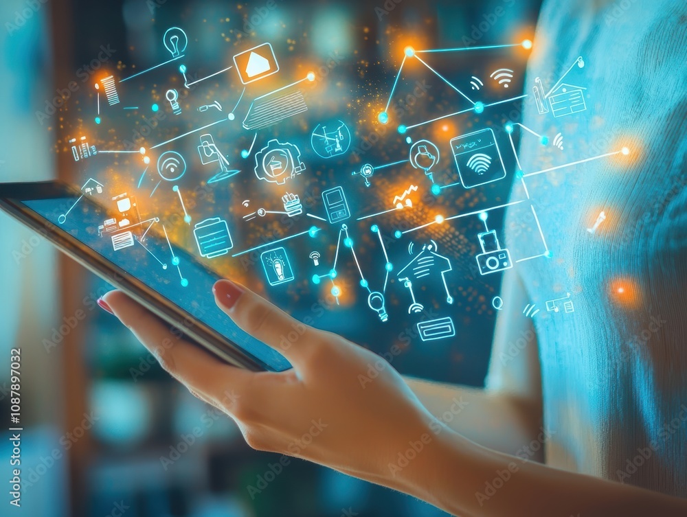 Poster hands holding tablet with animated digital icons representing smart technology, connectivity, home a
