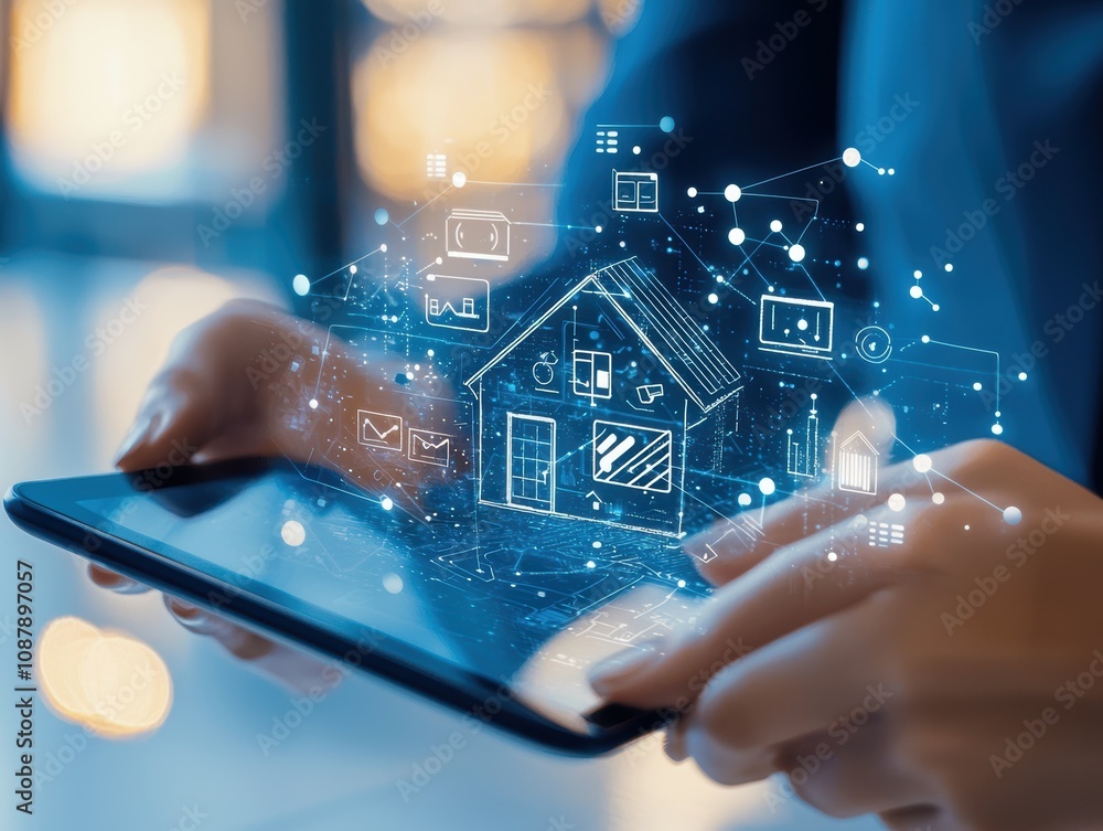 Poster innovative home automation concept with digital graphics displayed on tablet, representing smart tec