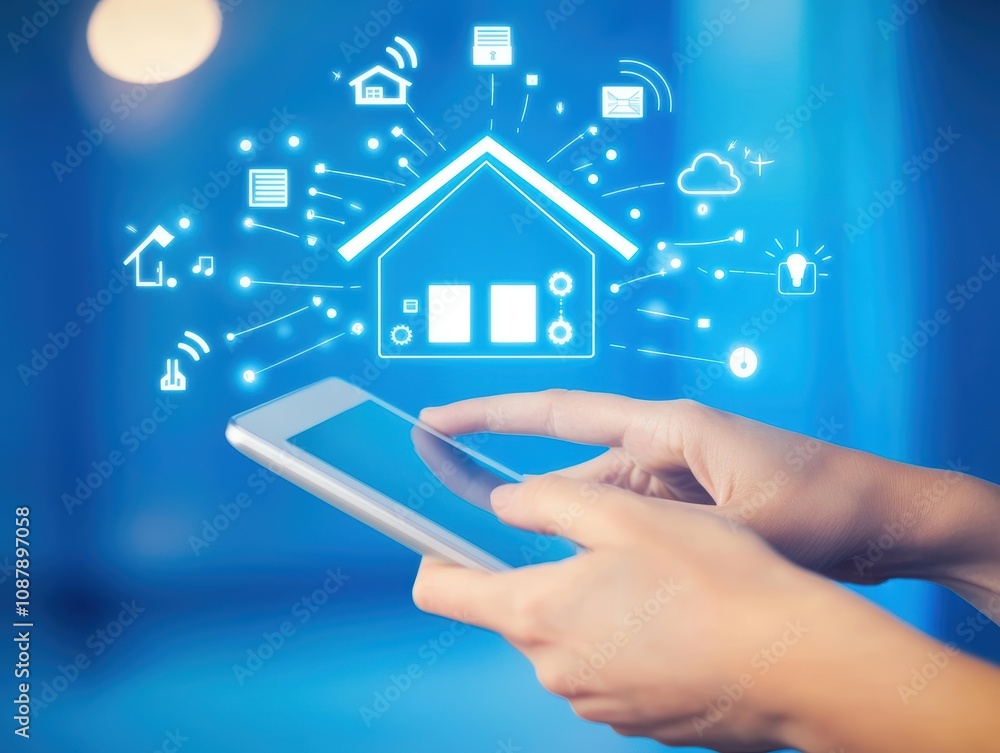 Poster hands using smartphone to control smart home technology with digital icons representing automation a