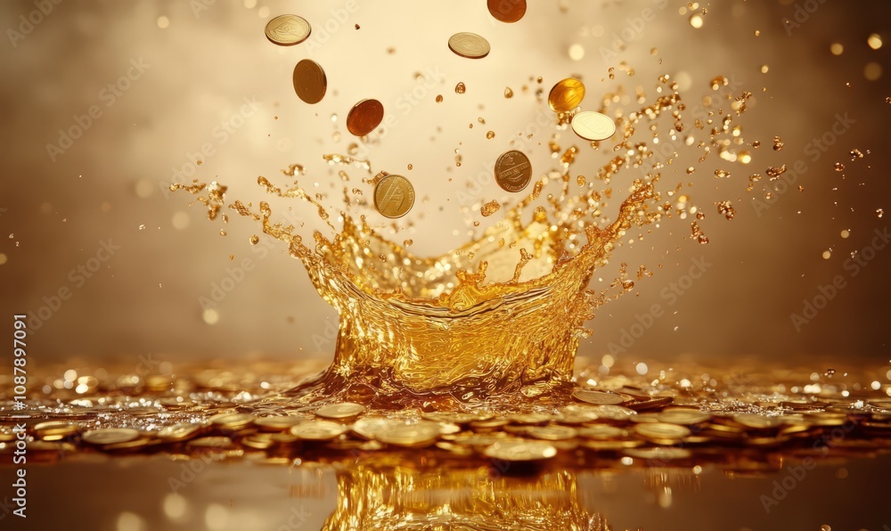 Poster dynamic capture of a golden liquid splash with coins caught mid-air, creating an interesting juxtapo