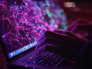 Futuristic Laptop with Abstract Digital Network Visualization in Neon Colors, Showcasing Technology and Connectivity in a Modern Workspace Environment