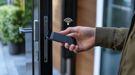 Obraz premium Modern Digital Security: A Person Using a Smartphone to Unlock a Smart Door with WiFi Connectivity in an Urban Environment