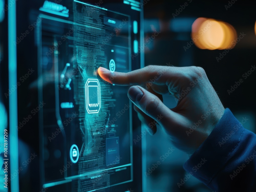 Poster futuristic user interacting with advanced technology interface in a dark environment, focused on dig