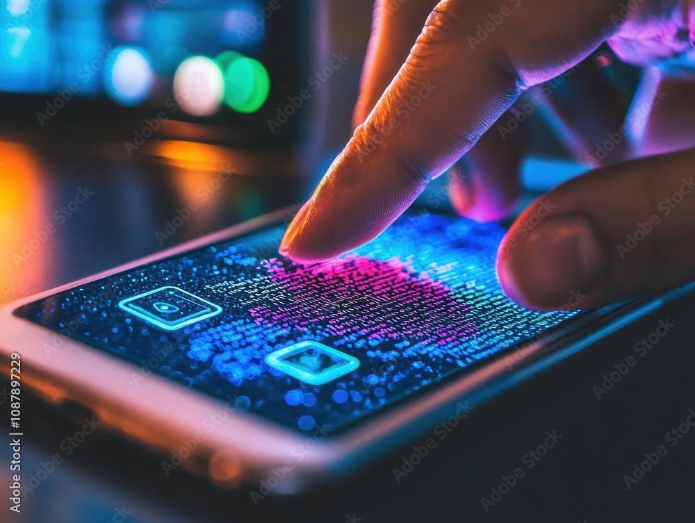 Poster close-up view of finger touching a smartphone screen with colorful digital patterns representing dat