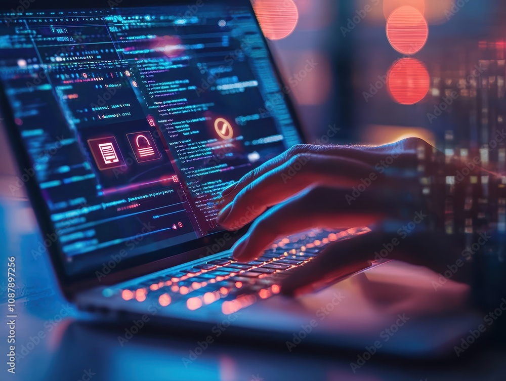 Poster close-up of hands typing on laptop with cybersecurity interfaces and code background illuminated in 