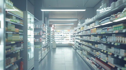 Interior of pharmacy and cosmetics supermarket with counter with full shelves 