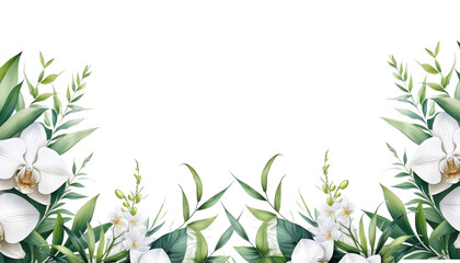 Watercolor Floral corner border White Orchids and Bamboo Leaves with Greenery for Elegant Wedding Cards