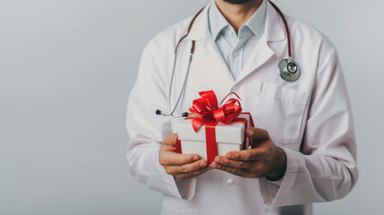 Present box in hands of male doctor  , medical promo and congratulations 