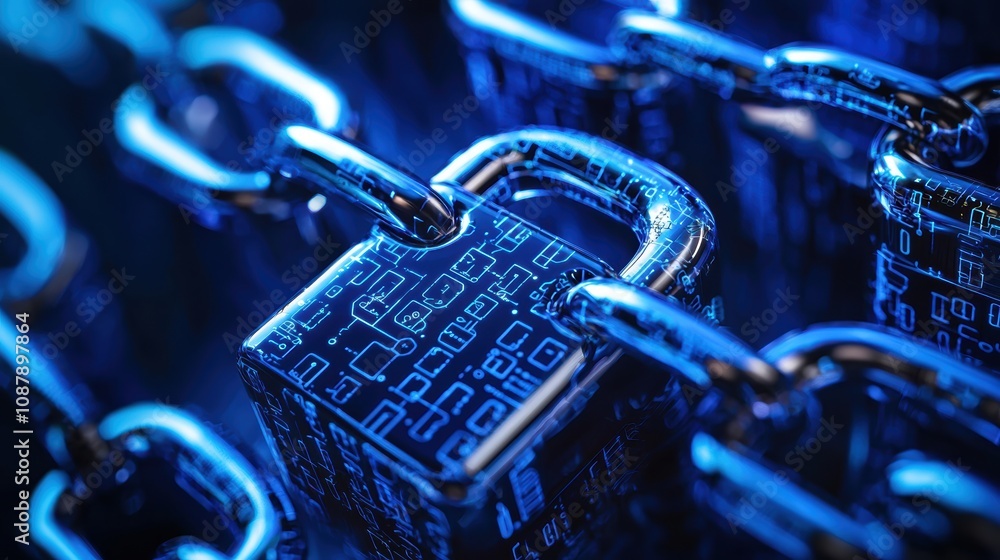 Poster close-up view of metallic padlock amidst interconnected chains in a digital theme highlighting secur
