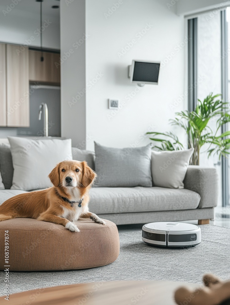 Poster A welcoming space designed for pets includes a smart feeding station and a calm dog resting on a soft bed in a modern room. Generative AI