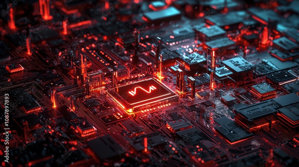 Poster abstract digital circuit board design with glowing red lights and intricate patterns, symbolizing te