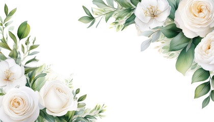Watercolor Floral Corner Border White Roses and White Peony with Greenery for Elegant Wedding Cards