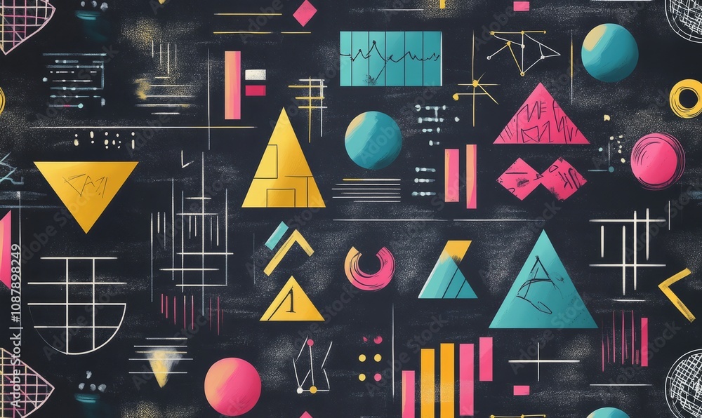 Poster create a seamless pattern with colorful geometric shapes, symbols, and equations on a chalkboard bac