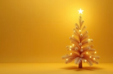  Golden Christmas tree with glowing lights and a star on top, set against a vibrant yellow background with space for text, perfect for New Year celebrations.