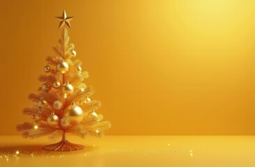Golden Christmas tree adorned with ornaments and a star, set against a vibrant yellow background with space for text, perfect for New Year and festive designs