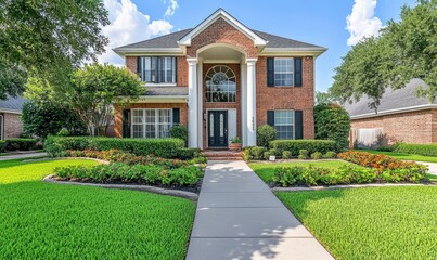 Elegant two-story brick house with a well-maintained garden and manicured lawn, featuring a paved walkway leading to the front entrance with white columns and black shutters.