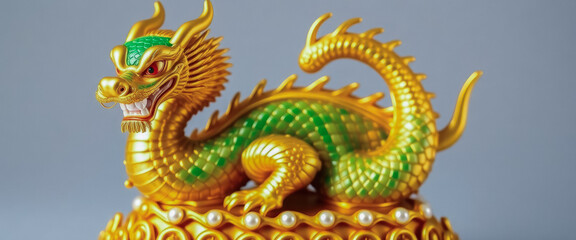 Obraz premium A striking golden dragon statue resting on a golden base. The dragon, adorned with vibrant green scales, is elegantly curled up, radiating a sense of power and grace.
