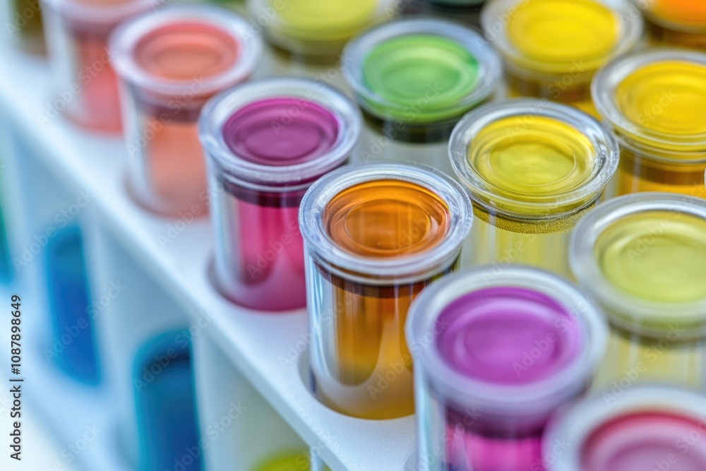 Poster rows of test tubes filled with colorful liquids, ideal for science and laboratory-themed illustratio