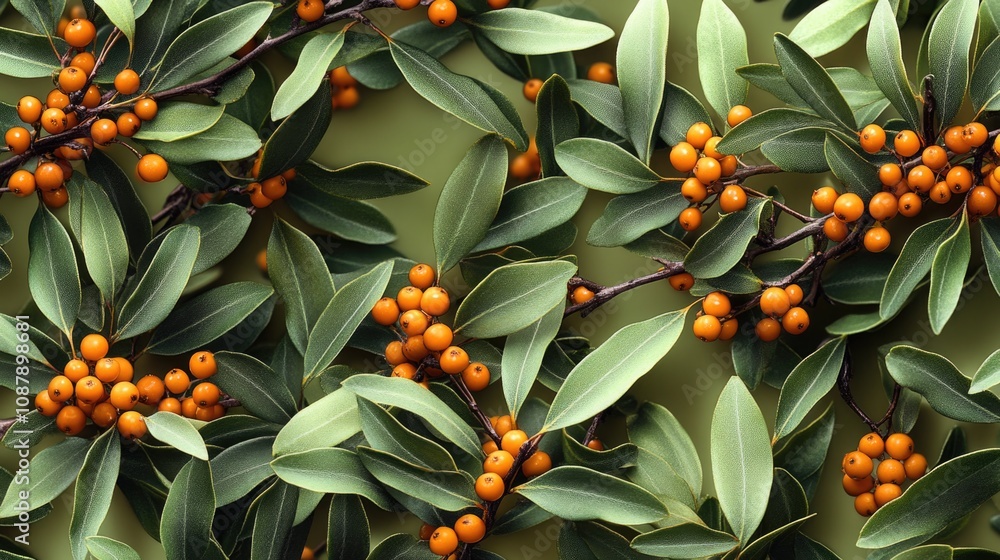 Poster Close-up view of a branch from a fruit tree, featuring various types of fruit