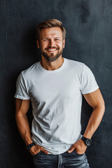 Portrait of a Confident Smiling Man in a White T-shirt Against a Dark Background, Depicting Positivity, Charm, and Style for Personal Branding and Lifestyle Concepts