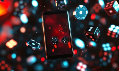 Creative background, casino template, gambling. Casino paraphernalia flying around smartphone, chips dice dice cards