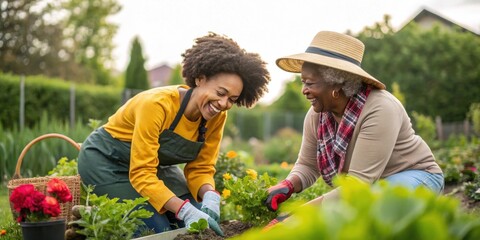 Two women, a young adult and a senior, are gardening together, planting flowers and vegetables in a community garden, smiling and enjoying their time together