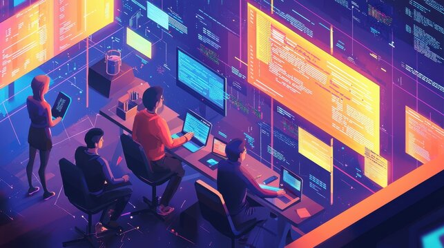 A dynamic digital workspace with four diverse programmers collaborating on coding projects, surrounded by vibrant screens displaying colorful lines of code and data analytics.