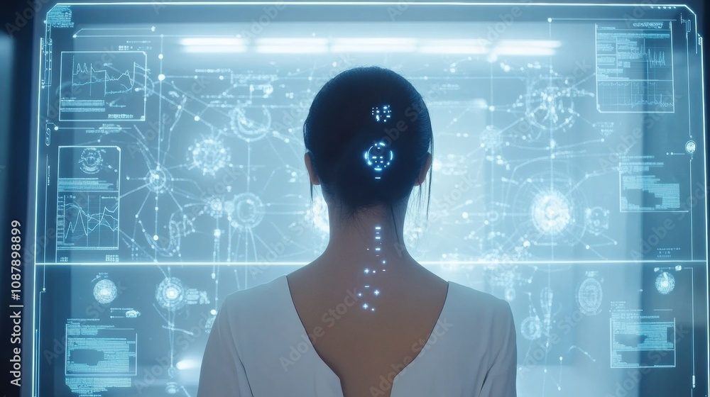 Fototapete a person stands in front of an interactive mirror exploring hair health insights and receiving ai-dr