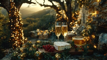 Elegant outdoor celebration with cheese and drinks.