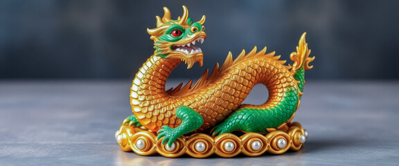 Fototapeta premium A striking golden dragon statue resting on a golden base. The dragon, adorned with vibrant green scales, is elegantly curled up, radiating a sense of power and grace.