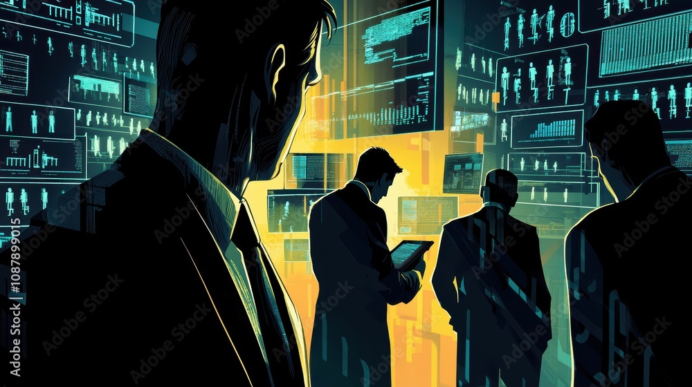 Poster business professionals analyzing data in a high-tech environment with digital screens displaying cha