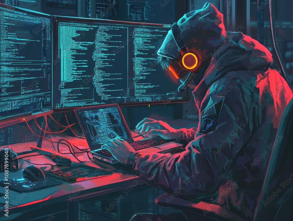 Poster a focused hacker with headphones immersed in coding, working in a high-tech environment filled with 