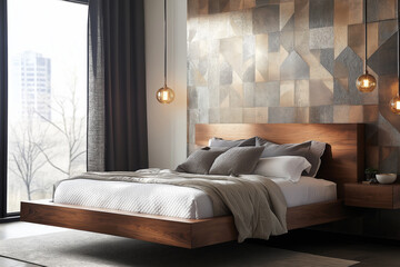 Modern bedroom with floating bed, geometric wallpaper, and metallic decor elements.