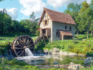 Obraz premium Serene Countryside Scene Featuring a Rustic Water Mill Surrounded by Lush Green Landscape and Clear Blue Sky, Ideal for Nature and Peaceful Living Themes