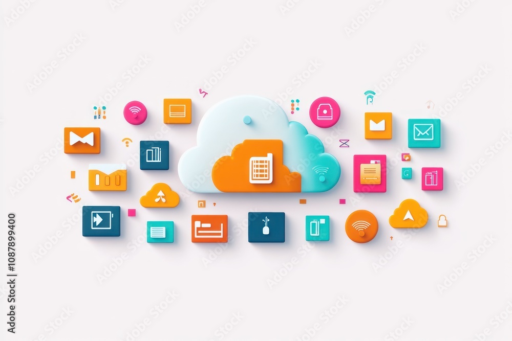 Poster a cloud computing illustration with colorful icons representing various services and applications, s