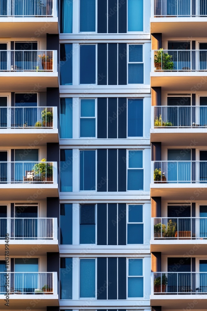 Poster a modern skyscraper with multiple balconies, ideal for architecture or cityscape scenes