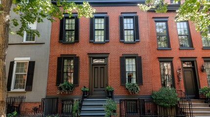 Naklejka premium Brick Townhouse with Black Shutters