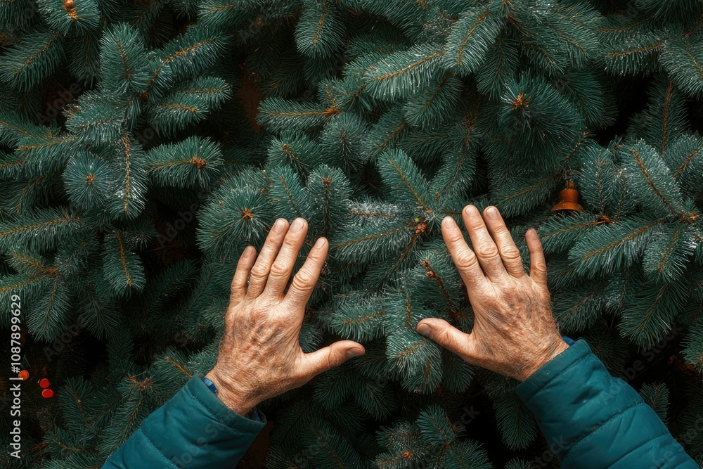 Poster a person stretching to touch the branches of a pine tree, with a serene forest background