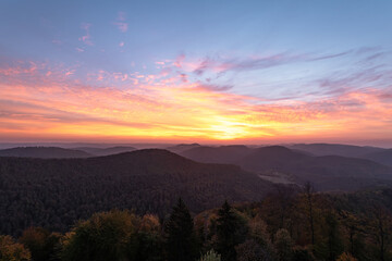 Sunrise in the foggy mountains