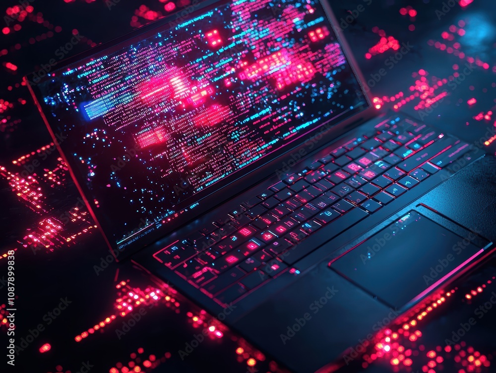Poster futuristic laptop displaying neon code in a dark environment with abstract digital patterns and glow