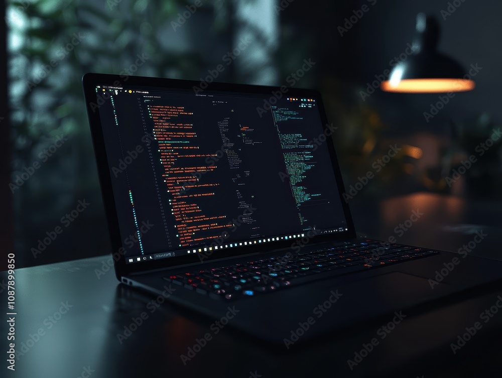 Aufkleber dark mode coding session on laptop with colorful backlit keyboard amidst a cozy workspace surrounded