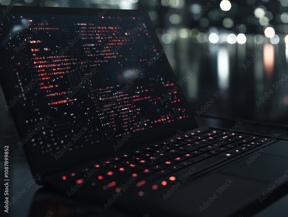 Poster futuristic dark computer display showing lines of code and colorful data streams in a modern tech en